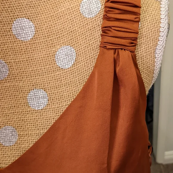 1 STATE Slinky satin bronze top, gathered straps, shoulder-flaunting, sexy L NWT - Picture 7 of 17